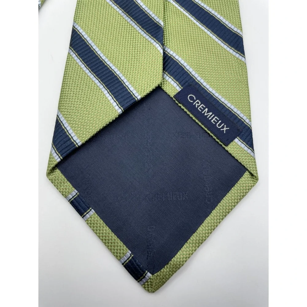 Cremieux Mens Silk Necktie Green Navy Blue Diagonal Striped Made in USA Classic